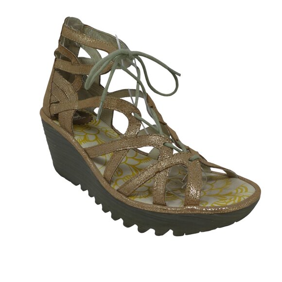 Fly London Yuke Gold Shimmer Leather Platform Wedge Heel Cage Sandals Womens 38 - Picture 1 of 13